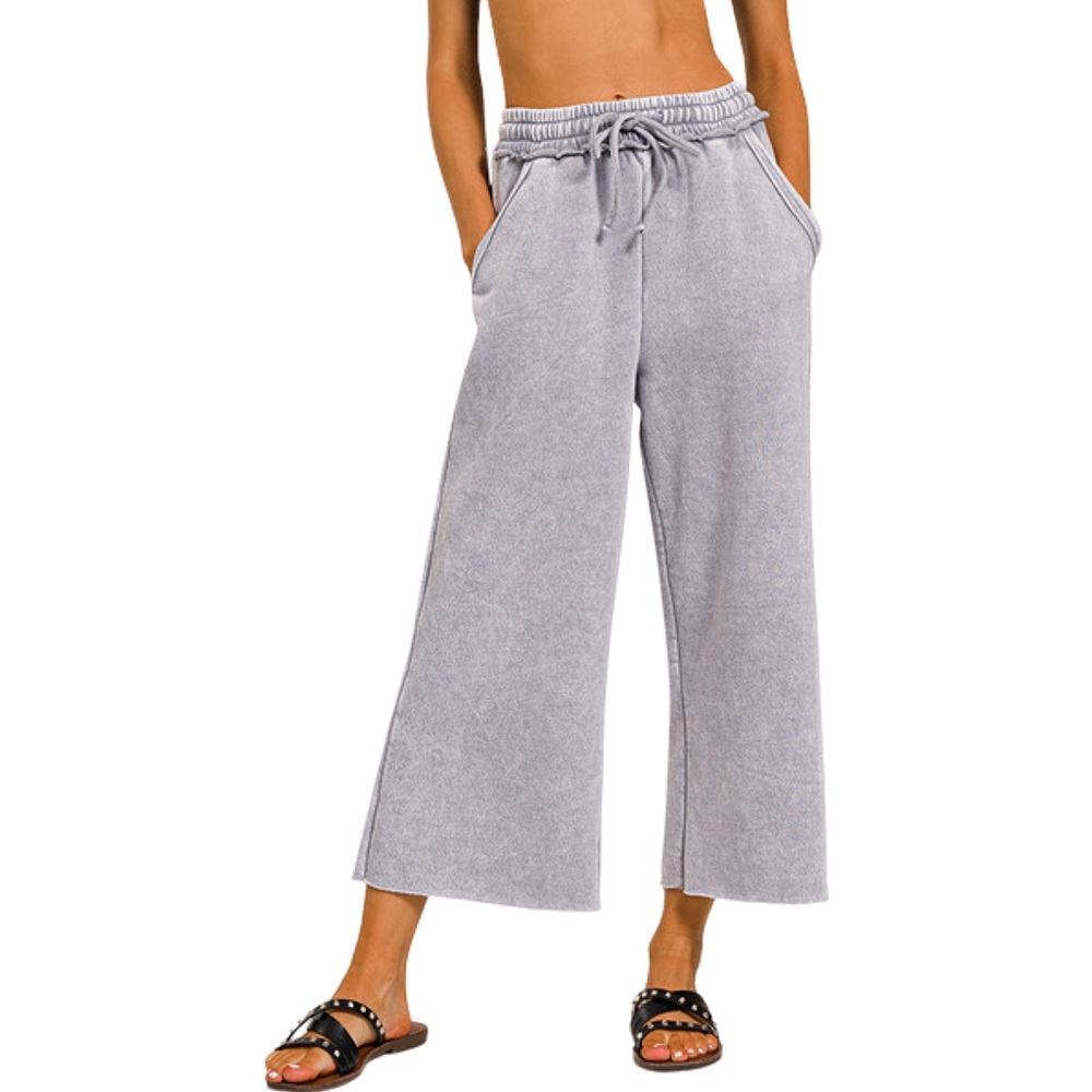 Acid Wash Fleece Palazzo Sweatpants w/ Pockets- Sleet‎